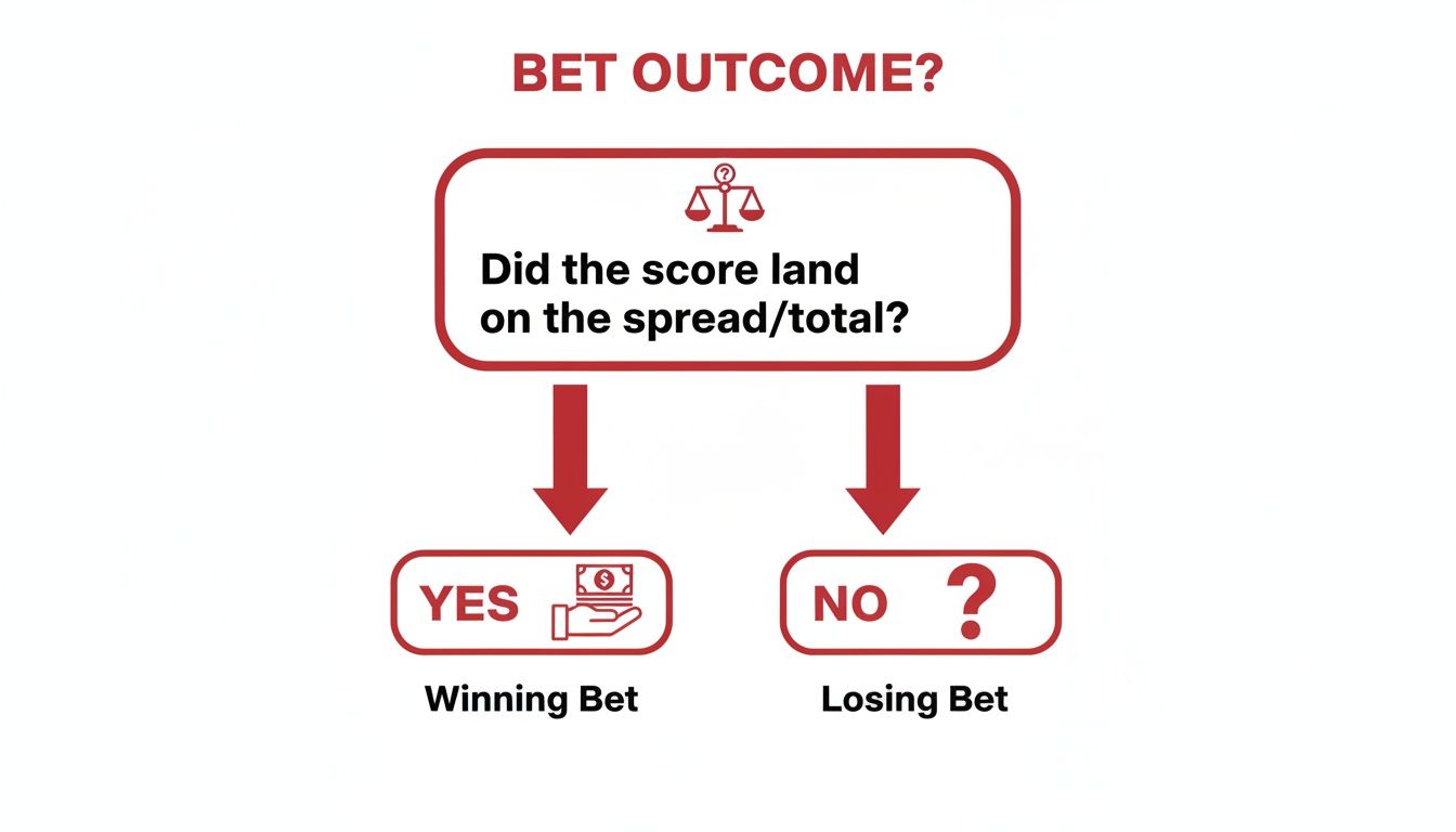 Flowchart showing bet outcome: score landing on spread/total leads to winning or losing.