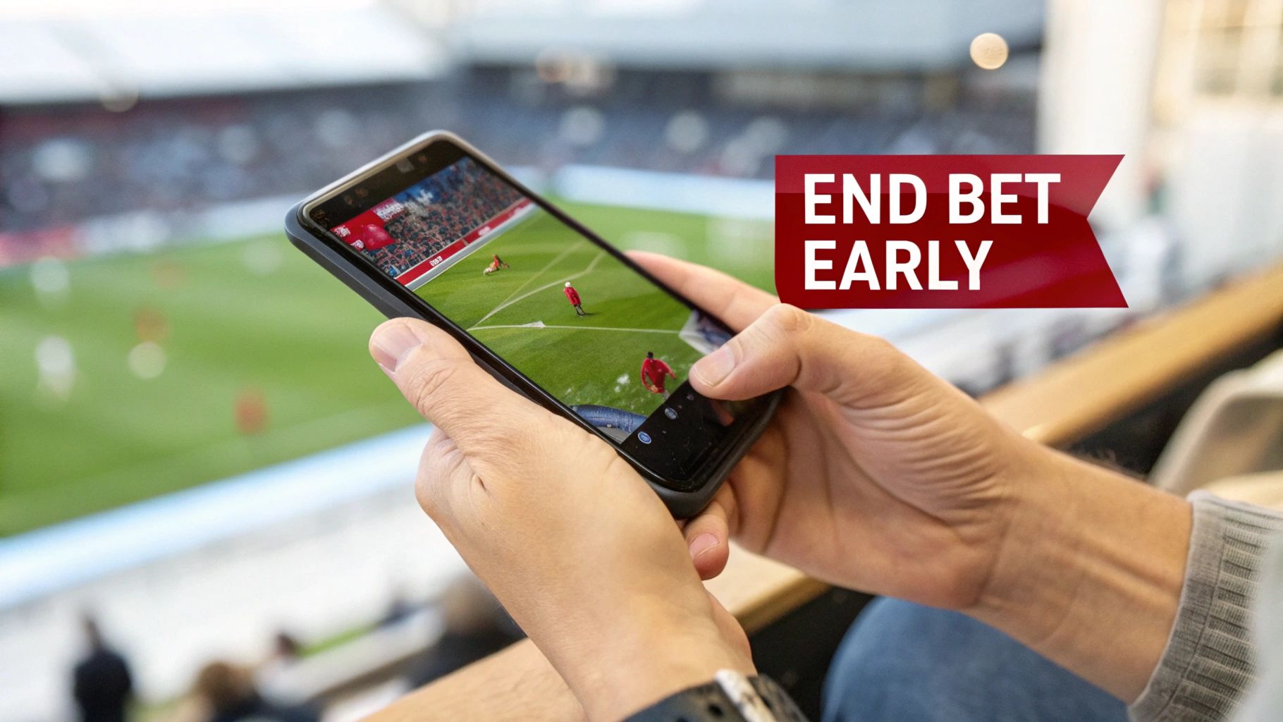 What is Cash Out? A Complete Guide to Sports Betting 1 A sports bettor on a mobile phone with a stadium in the background.