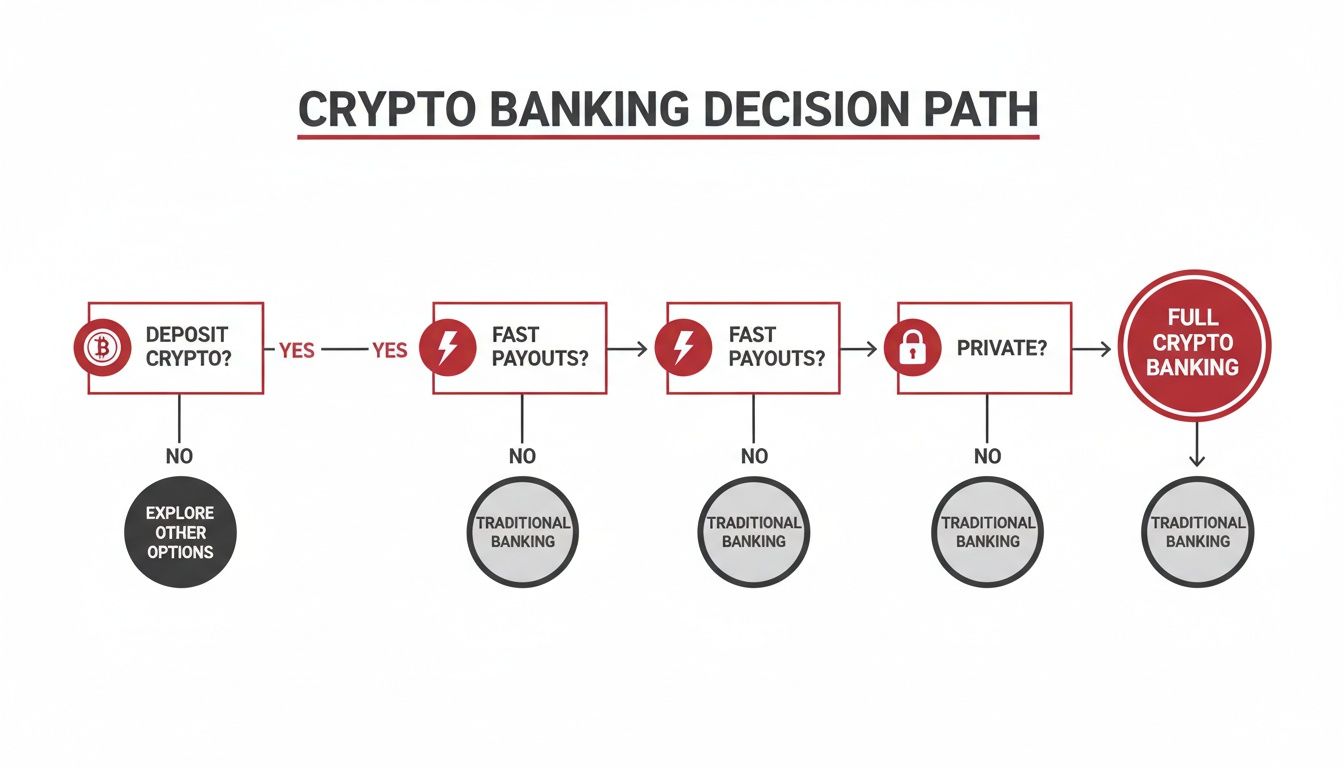 MyBookie or BetUS? Choosing the Best Offshore Sportsbook 3 A flowchart illustrating the decision path for crypto banking based on deposits, fast payouts, and privacy.