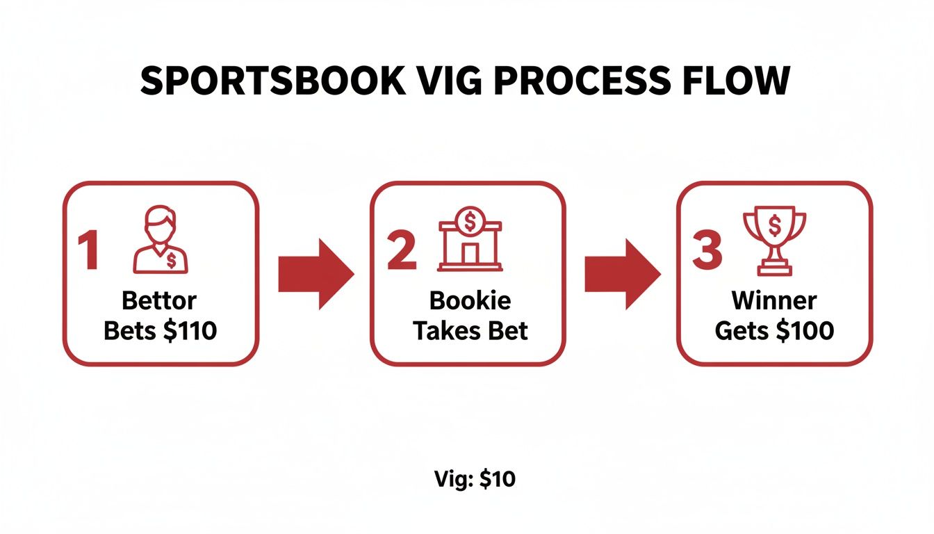 What is the Vig in Betting? A Quick Guide to Betting Odds and the House Edge 1 A diagram illustrating the sportsbook vig process, showing a bettor placing a bet, a bookie taking the bet, and a winner receiving winnings, highlighting the $10 vig.