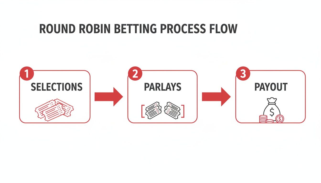 A step-by-step diagram illustrating the round robin betting process: selections, parlays, and payout.