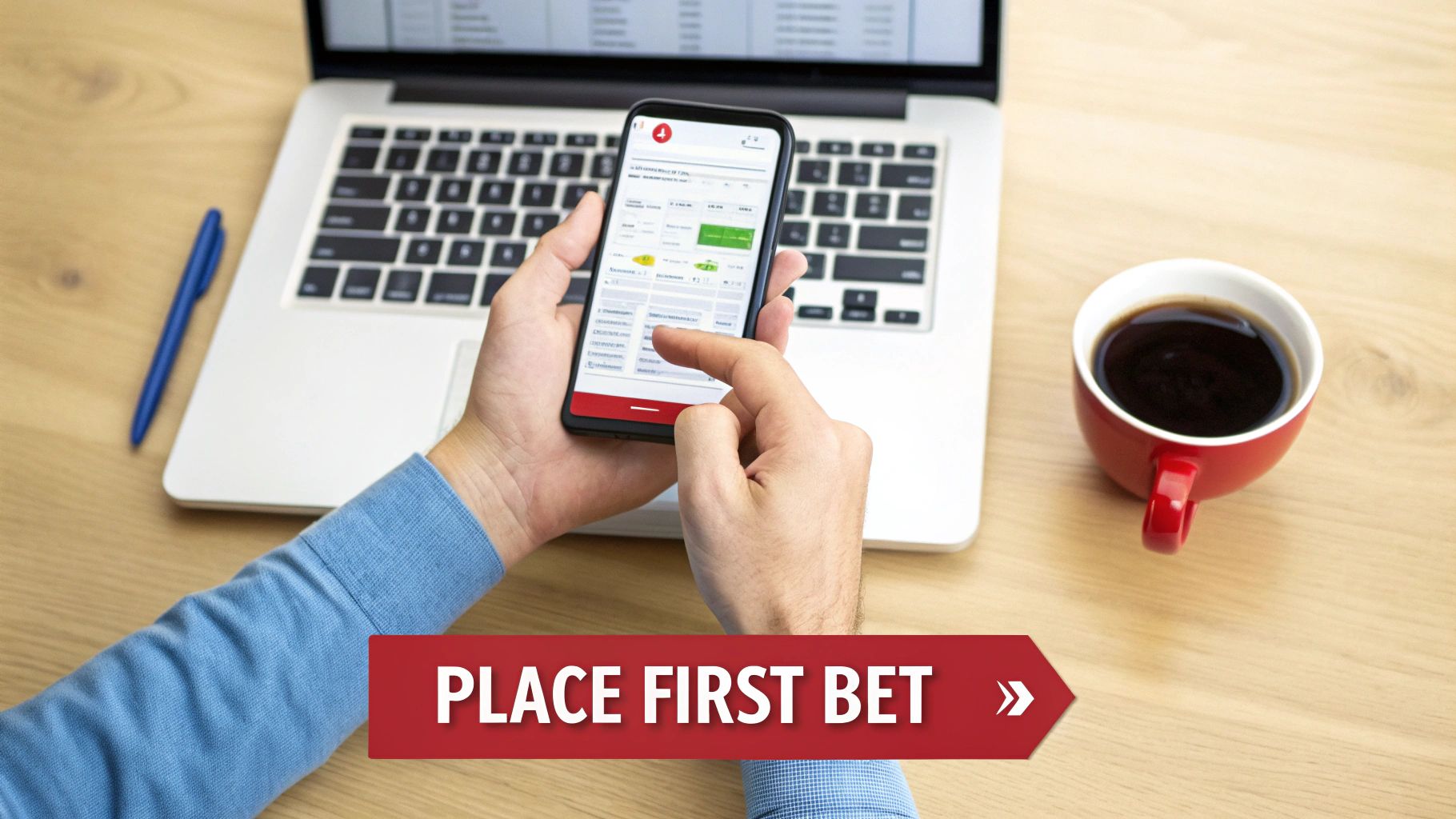 Person's hands using a smartphone to place a bet, with a laptop and coffee on a wooden desk.