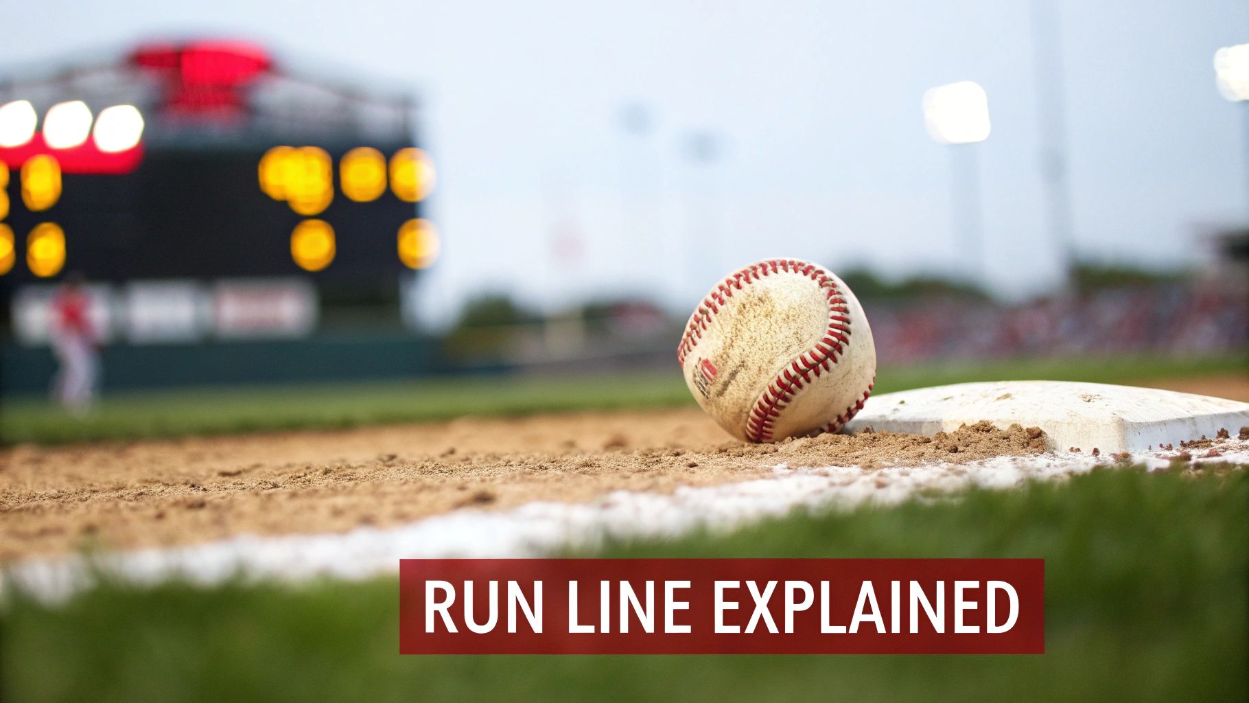 What Does Run Line Mean in Baseball: A Clear Guide to Bets and Spreads 1 A baseball rests on a dirt infield next to a base, with a blurred scoreboard and text 'RUN LINE EXPLAINED'.