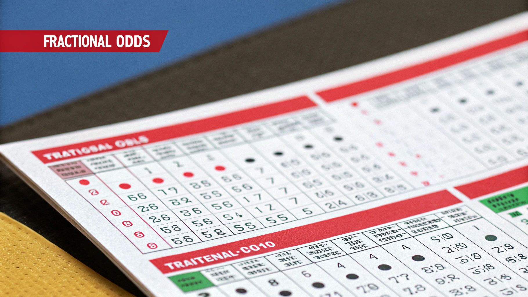 A soccer ball on a betting slip, illustrating decimal and fractional odds often found in international sports.