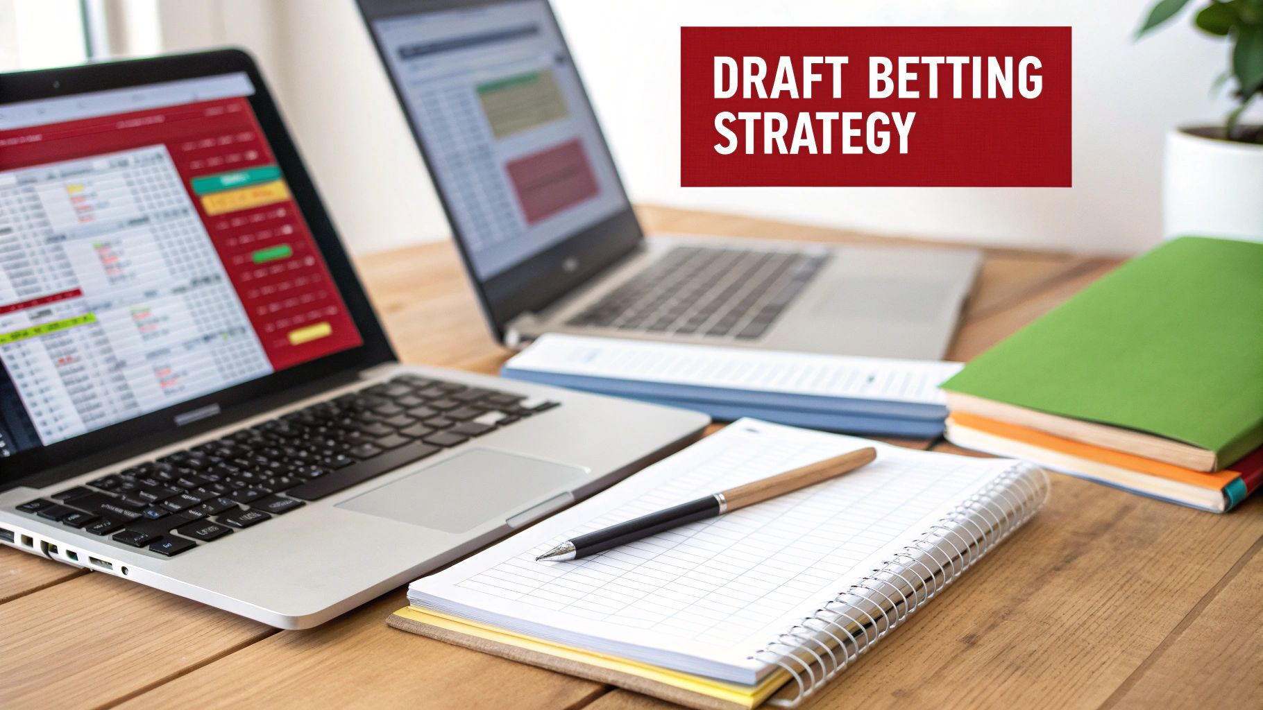 A desk setup with two laptops, notebooks, a pen, and books, featuring 'DRAFT BETTING STRATEGY' text.