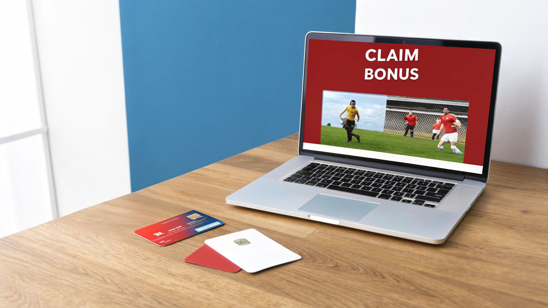 A laptop displays 'CLAIM BONUS' and soccer players, with credit cards on a wooden desk.