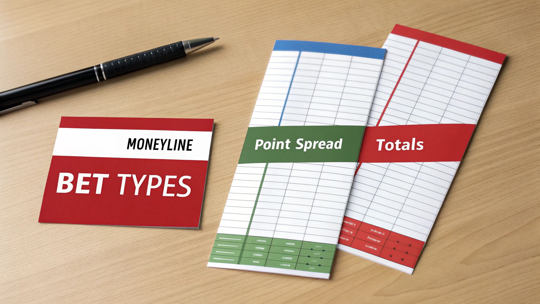 A pen rests on a wooden desk next to a 'BET TYPES' card, showing 'Moneyline', 'Point Spread', and 'Totals' betting slips.