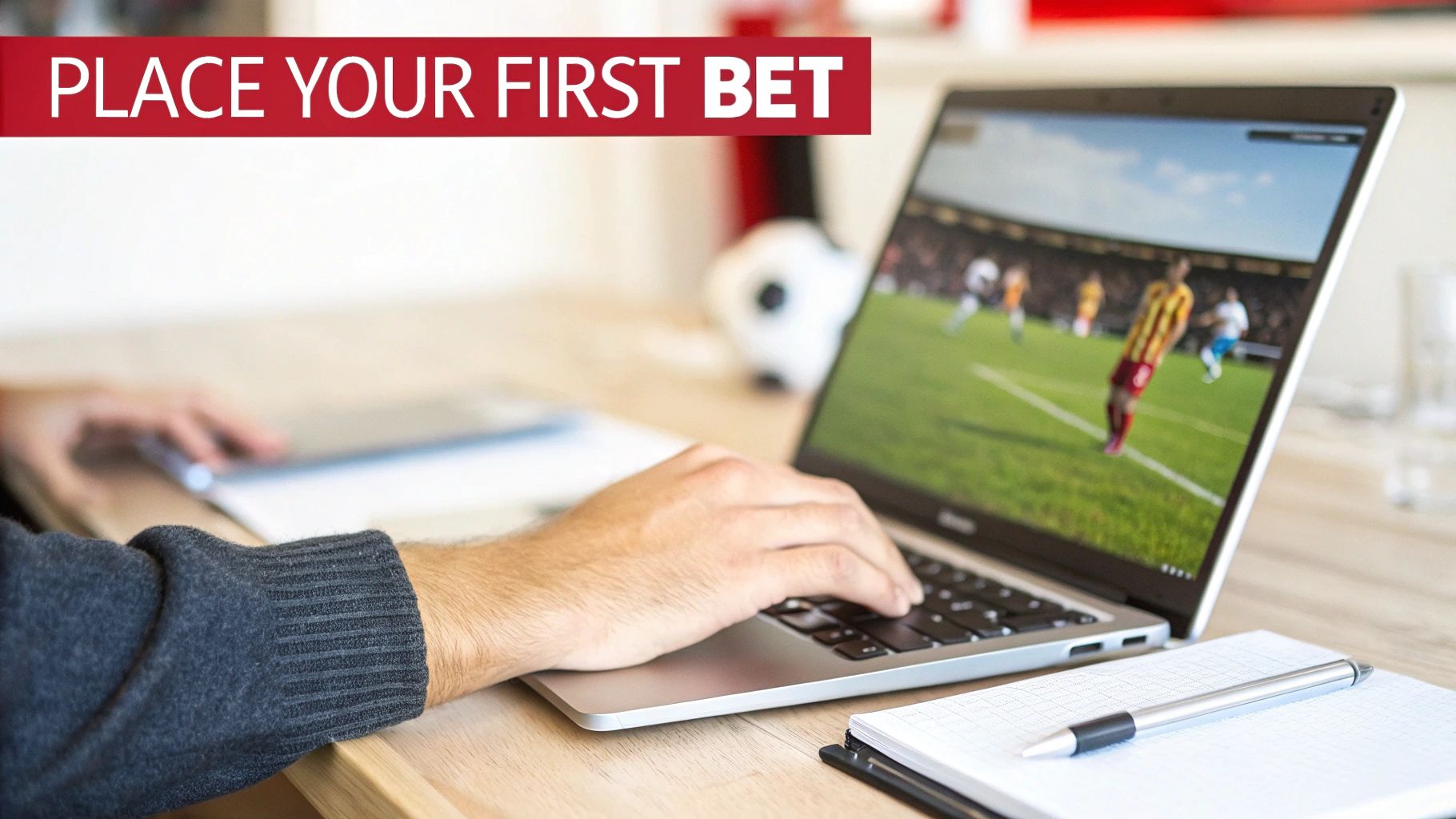 Person placing their first bet on a laptop, watching a live soccer match online.