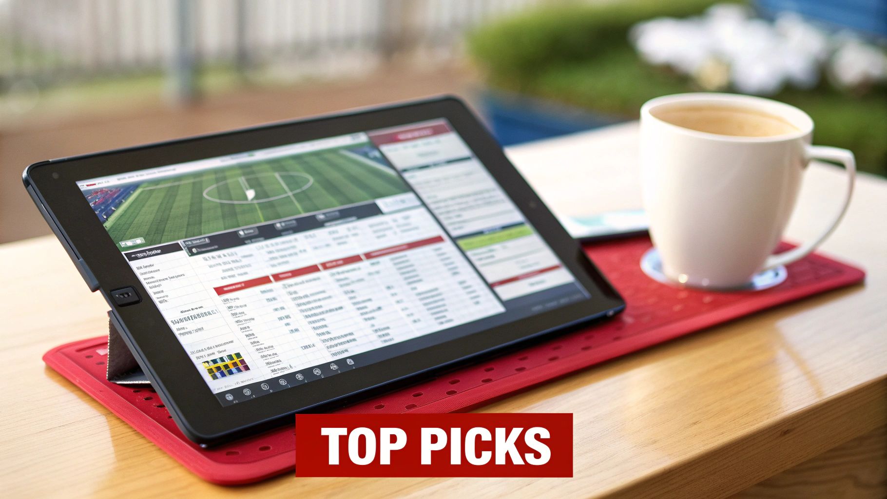 A tablet displays a sports betting interface with a football field graphic, next to a white coffee mug.