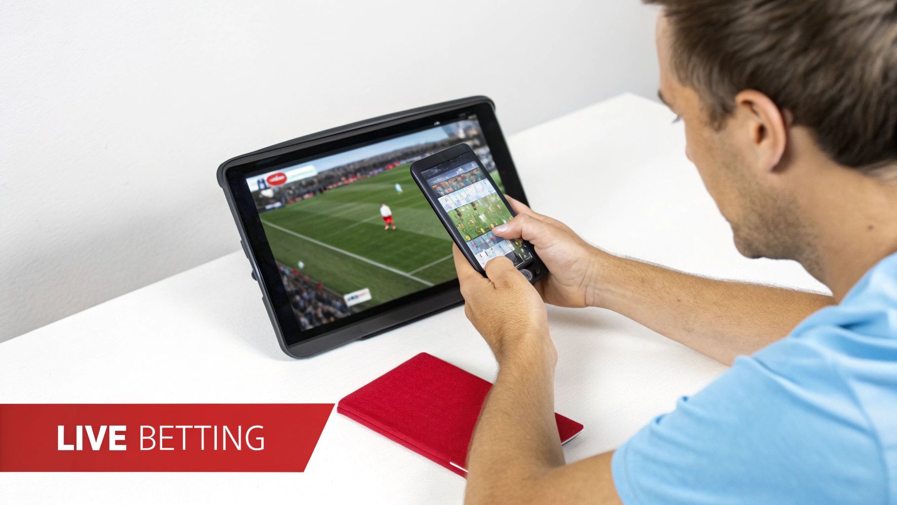 A person watches a live soccer match on a tablet and uses a smartphone for online betting.
