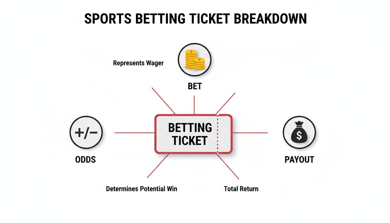 A diagram explaining the components of a sports betting ticket: bet, odds, and payout.
