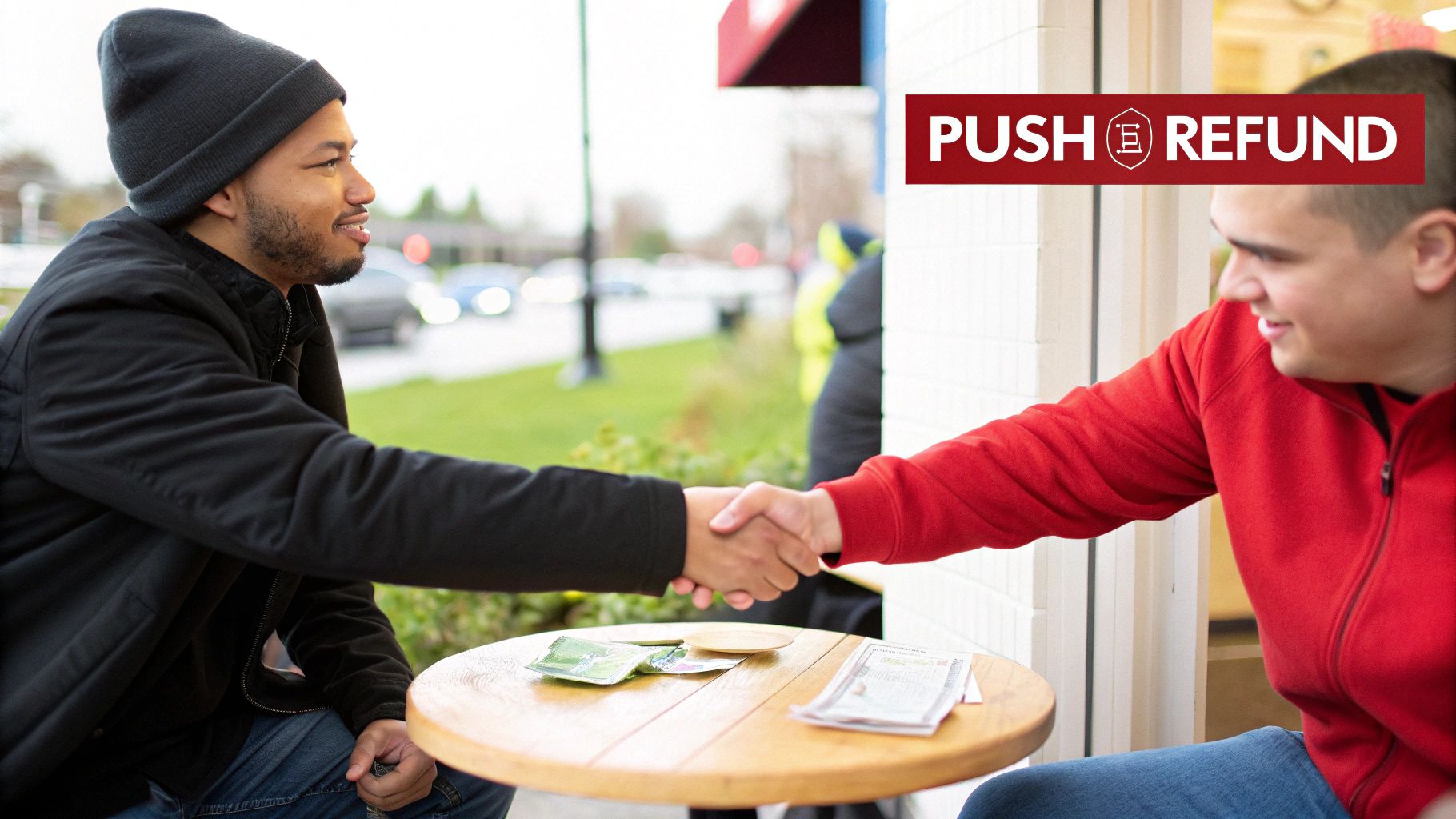 Two men shake hands over a table with papers, possibly indicating a betting transaction or refund.