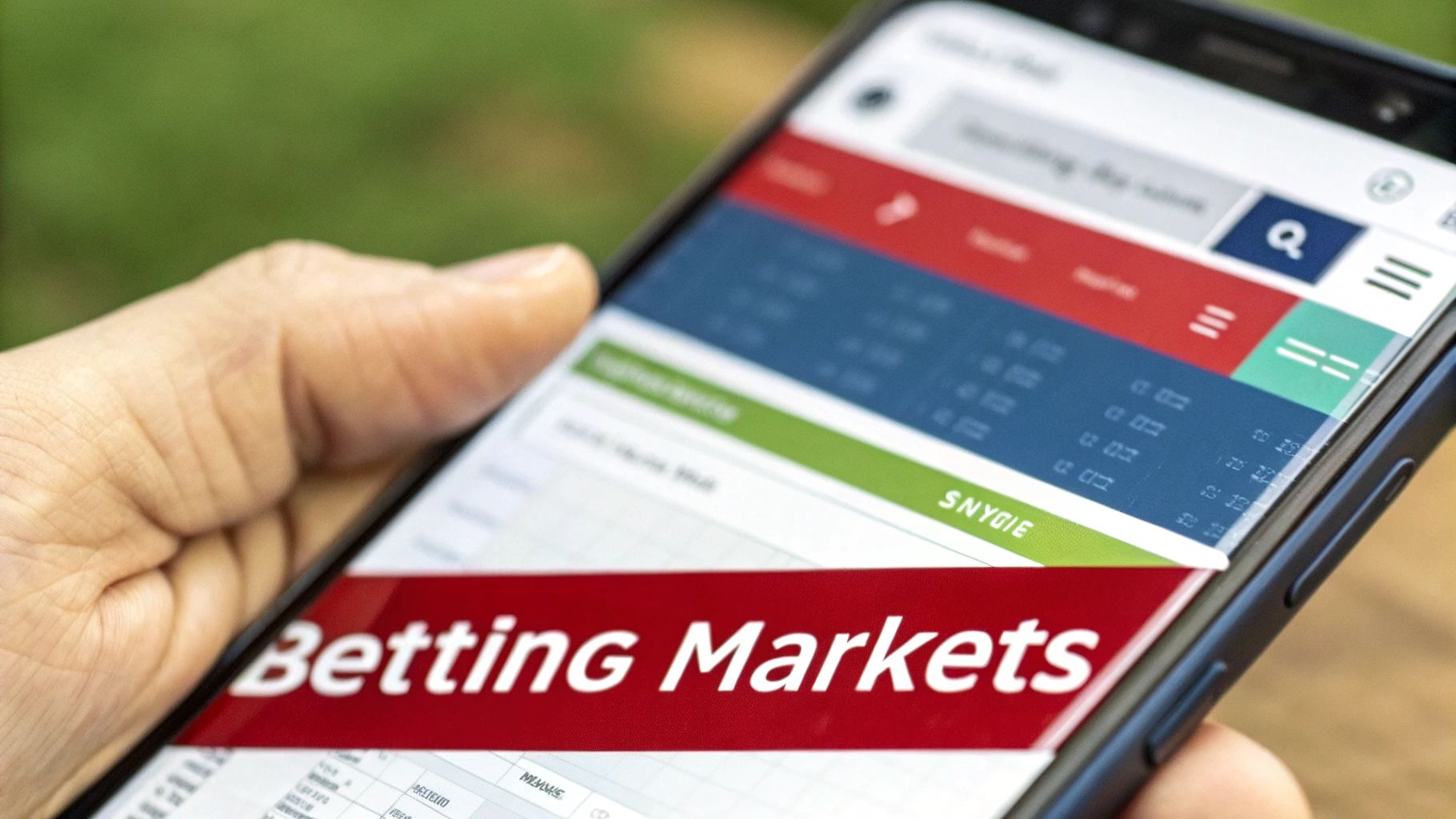 A sports bettor analyzing live betting markets on a laptop, with a game playing on a large screen in the background.