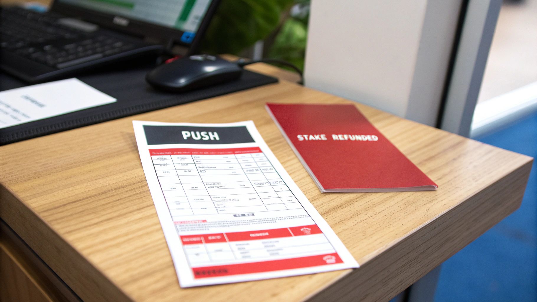 A desk with a betting slip titled 'PUSH' and a red booklet saying 'STAKE REFUNDED'.