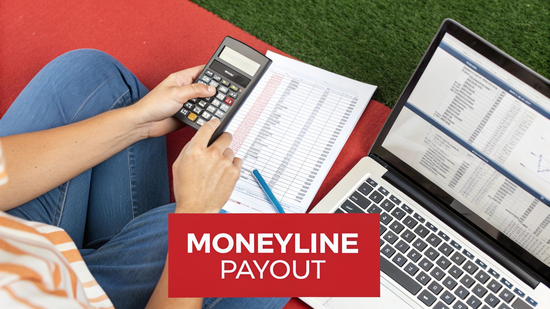 Person calculates moneyline payouts using a calculator and laptop, analyzing financial data.