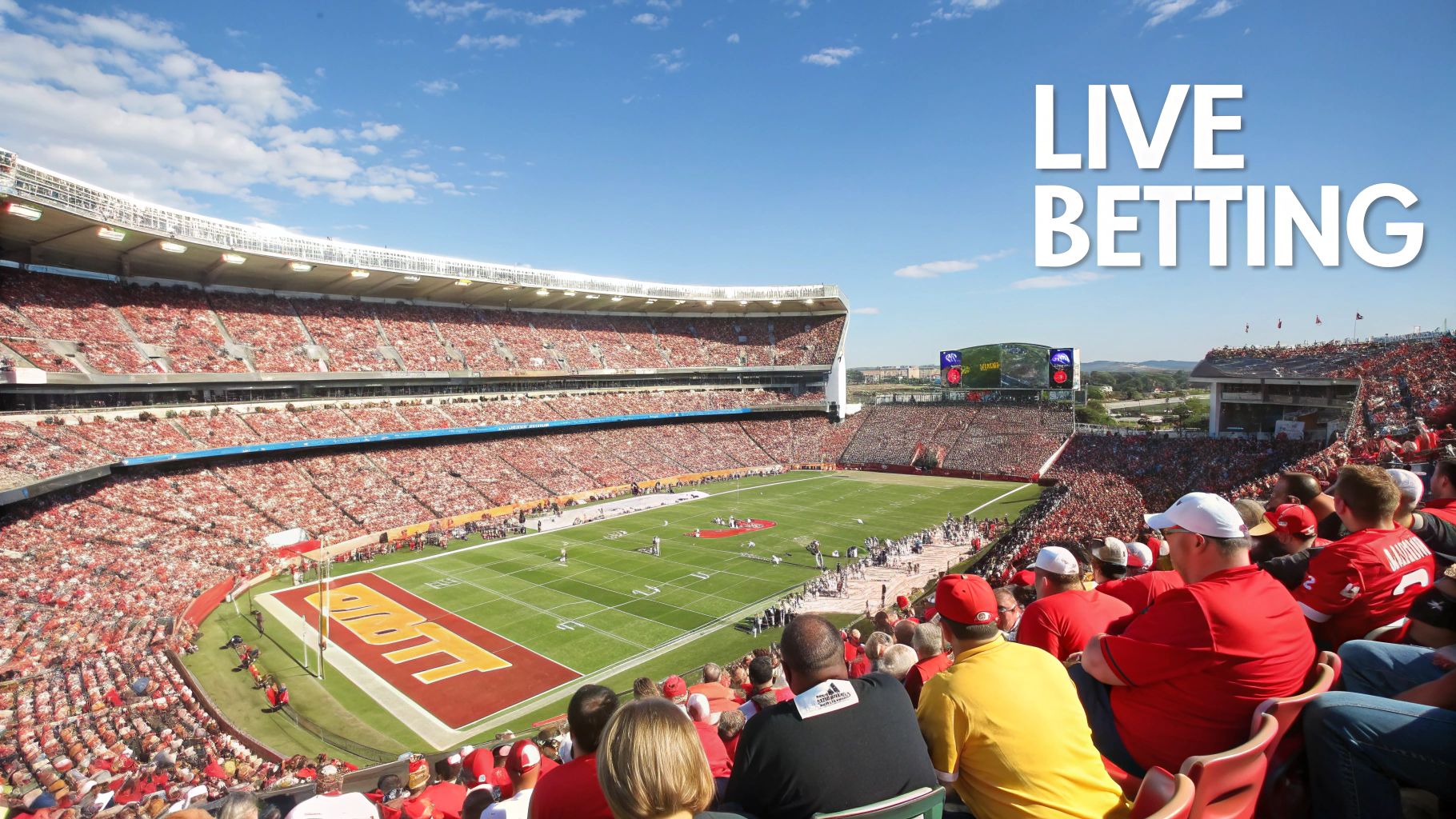A person live betting on a sports game using a mobile phone with a stadium in the background.