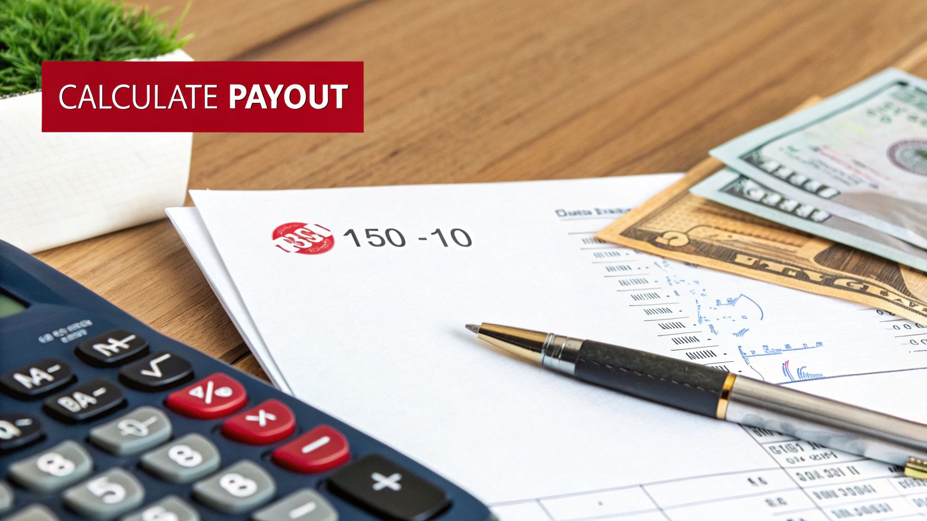 A calculator, cash, and a document with '150 -10' on a wooden desk, emphasizing payout calculation.