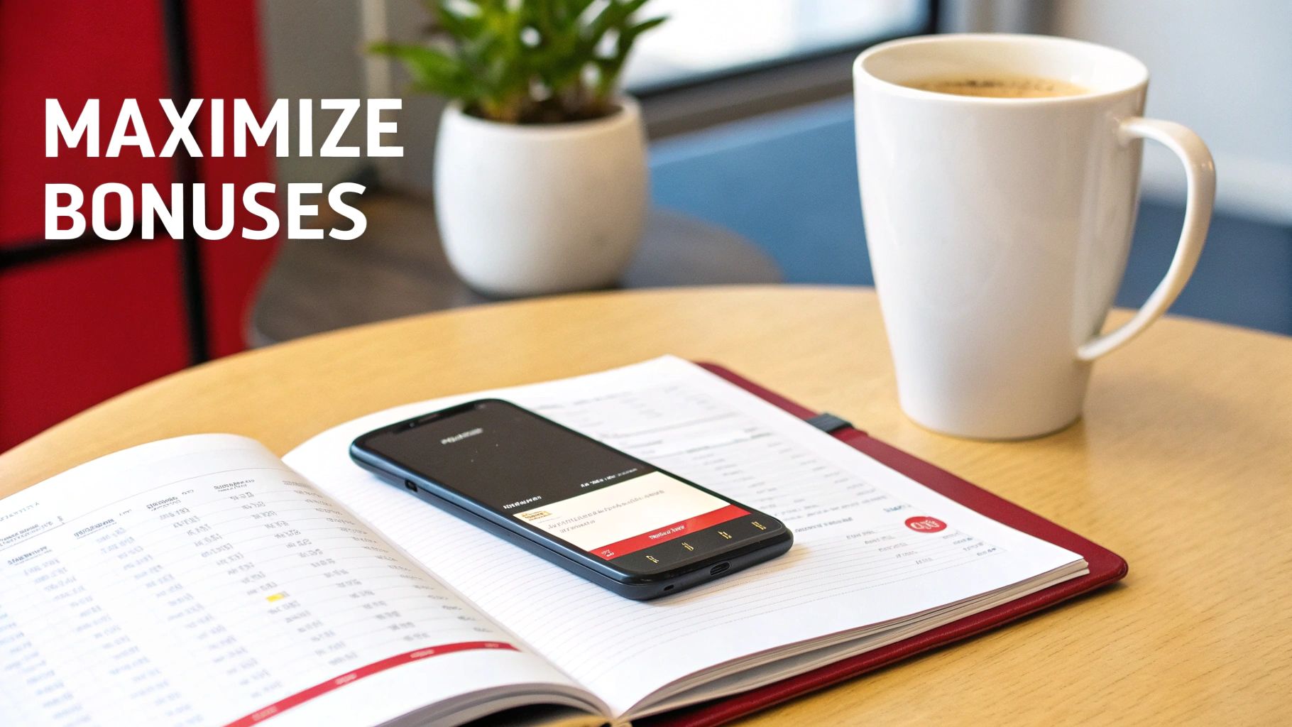 A work desk setup with a notebook, smartphone, coffee, and plant, featuring 'MAXIMIZE BONUSES' text.