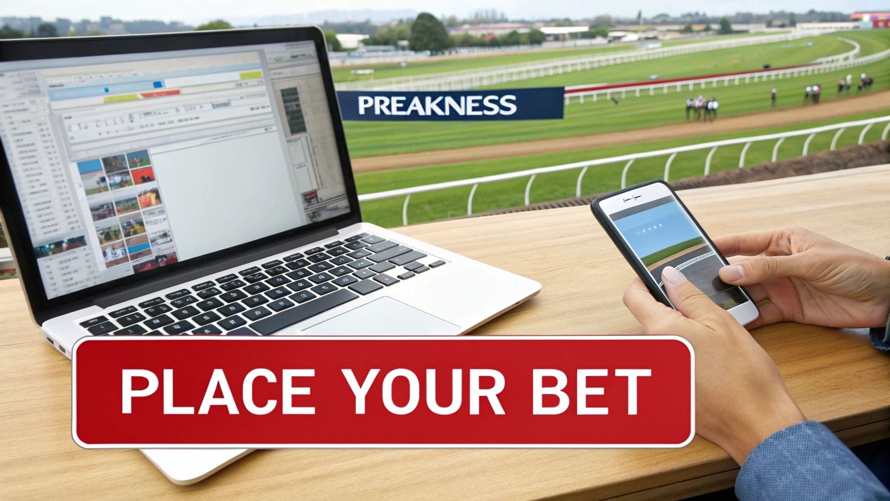 A person places online bets using a laptop and smartphone at the Preakness horse race.