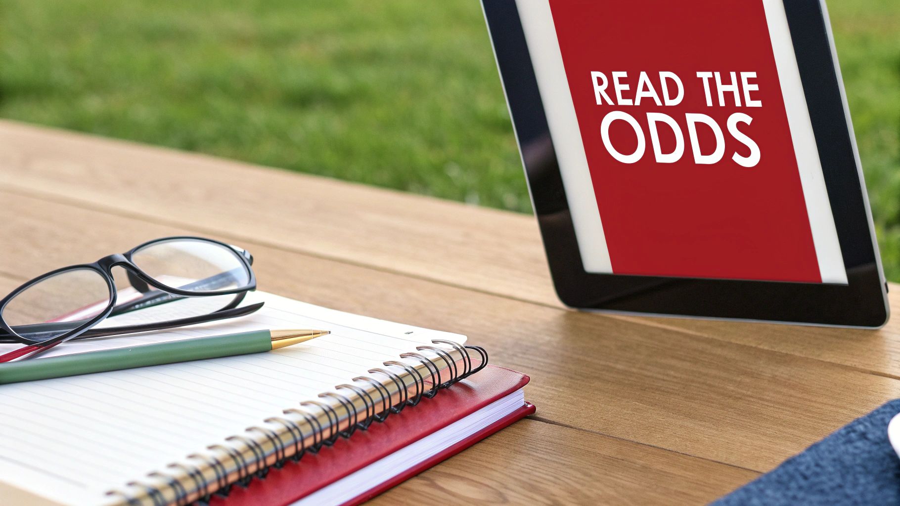A tablet displaying 'READ THE ODDS' next to glasses, a pen, and notebooks on a wooden table.
