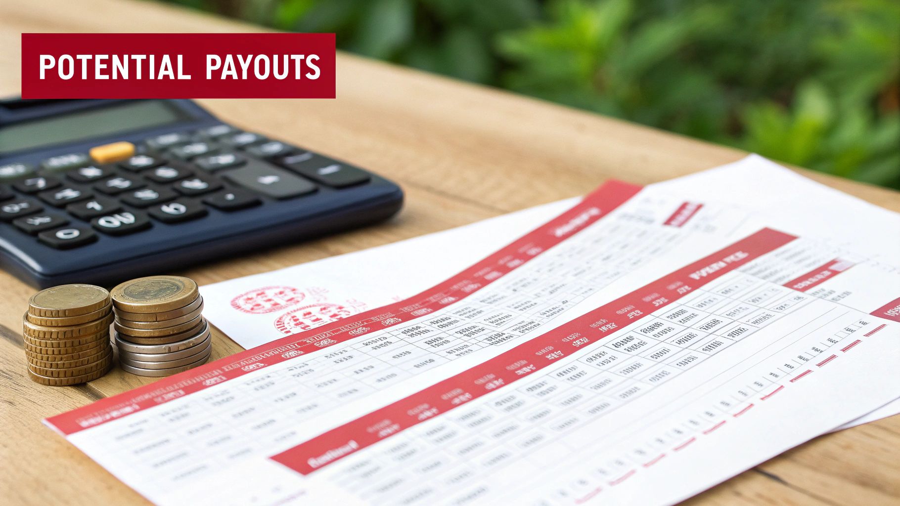Calculator, stacks of coins, and financial documents with 'Potential Payouts' text on a wooden table.
