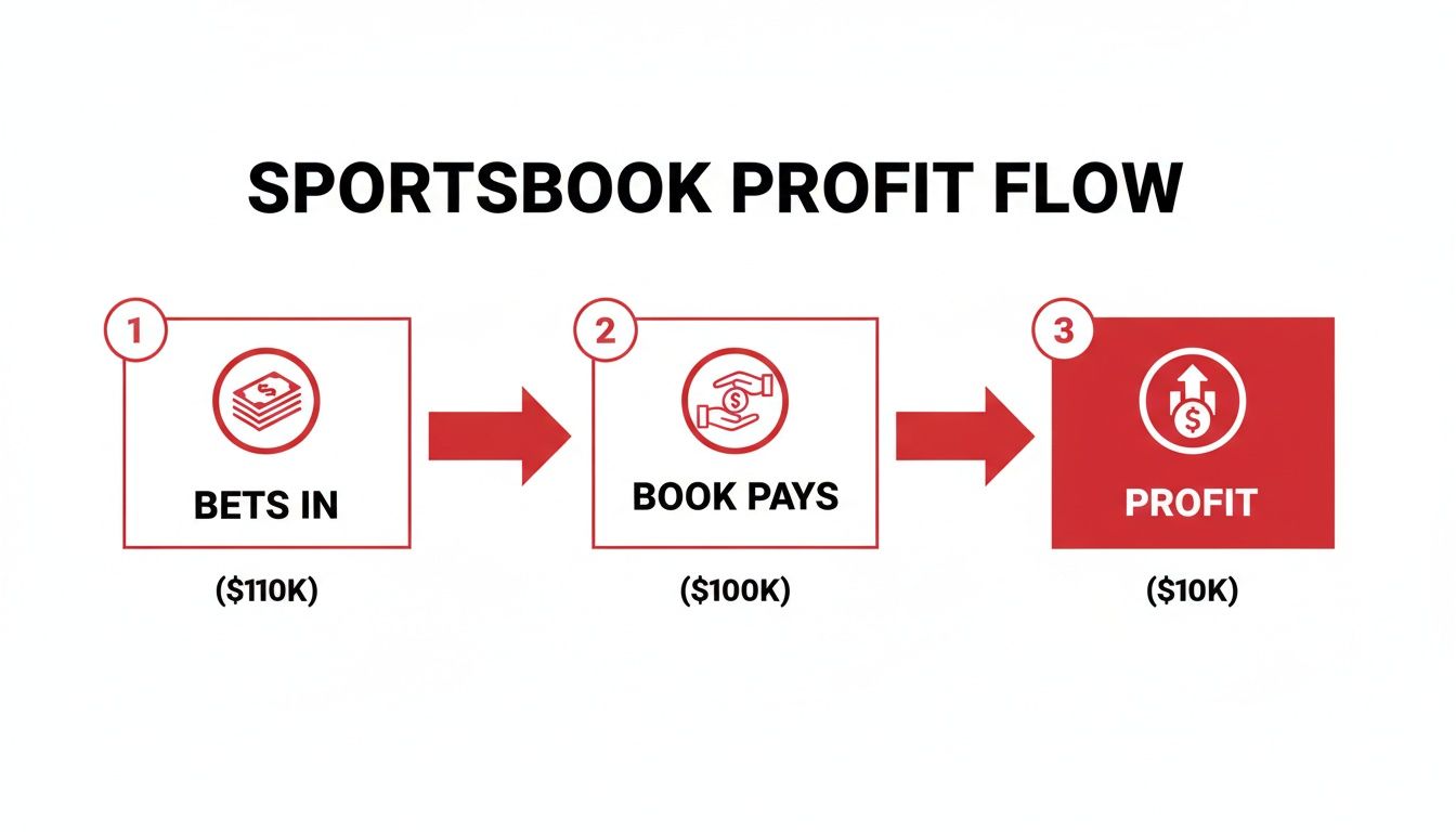 A flowchart illustrating sportsbook profit flow, showing $110K bets in, $100K book pays, resulting in $10K profit.