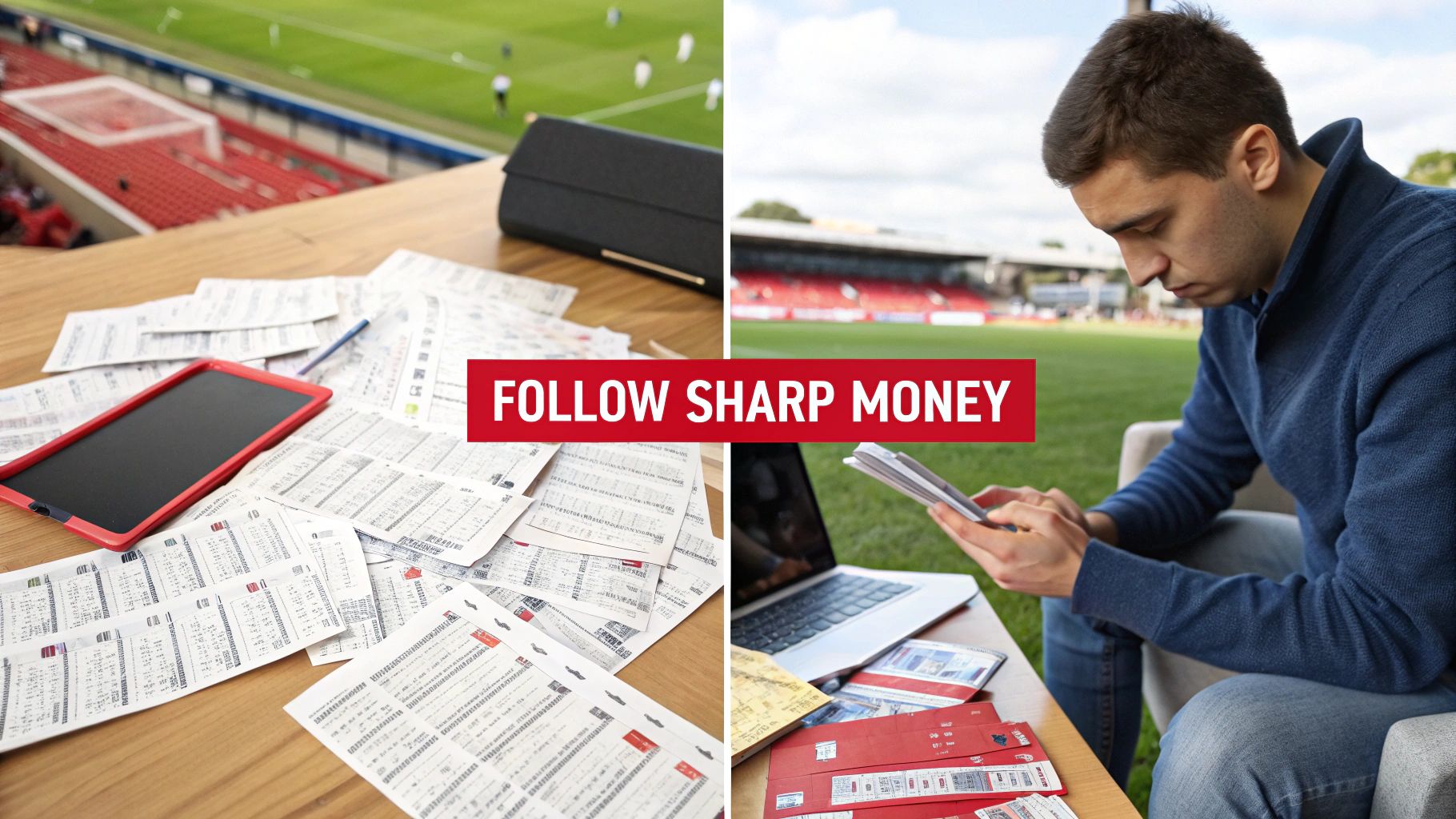 Split image showing numerous sports betting slips and a tablet, with a man analyzing data at a football stadium.