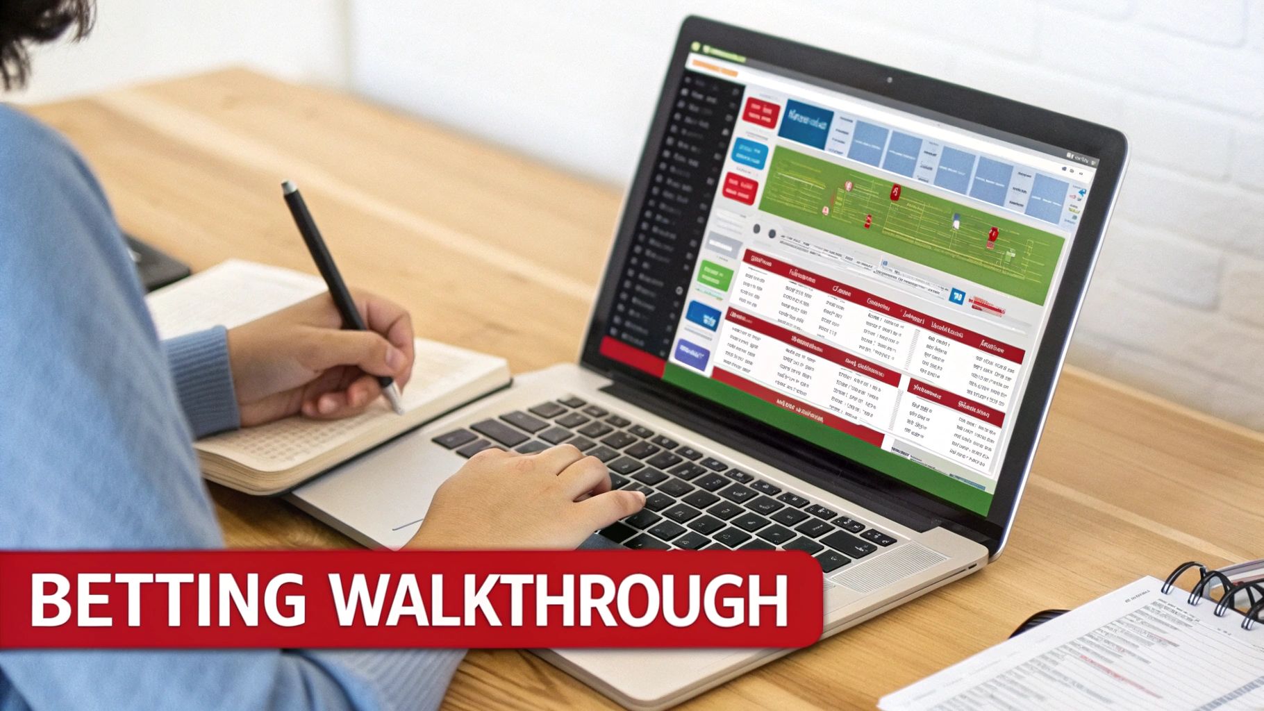 What Is Odds in Betting A Practical Guide 5 A person at a desk writing in a notebook and using a laptop with a sports betting interface.