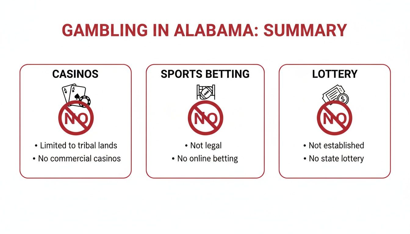 Infographic summarizing the legal status of casinos, sports betting, and lottery in Alabama.