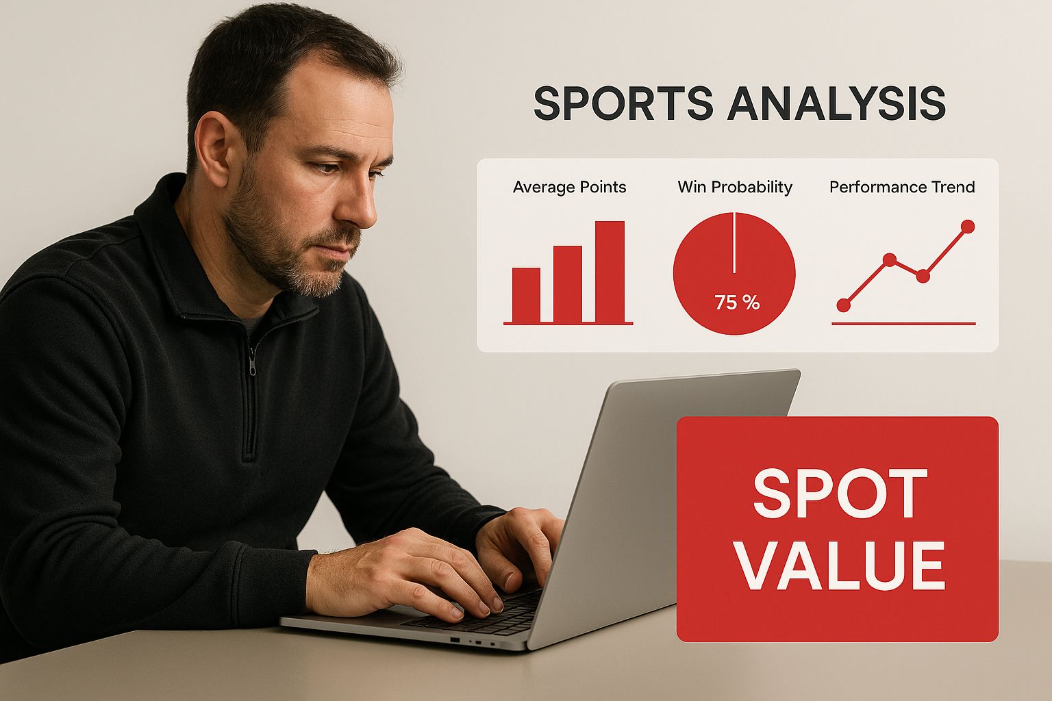 A person analyzing sports betting odds on a laptop, with graphs showing underdog value.