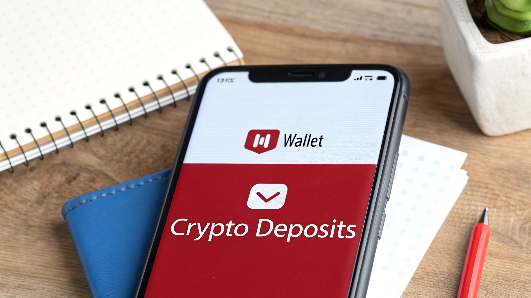 Sports Betting Indiana: Your Guide to sports betting indiana Offshore Sites 2 A smartphone displaying a crypto wallet app with 'Crypto Deposits' on its screen, next to a notebook and pen.