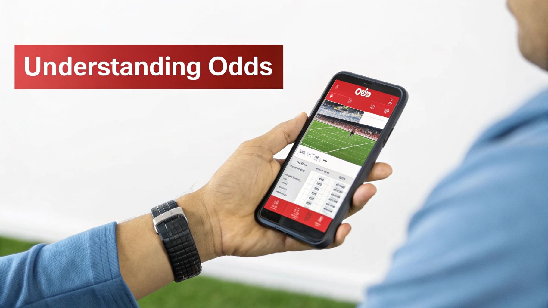 A person holds a smartphone displaying a sports betting app with odds, next to a 'Understanding Odds' banner.