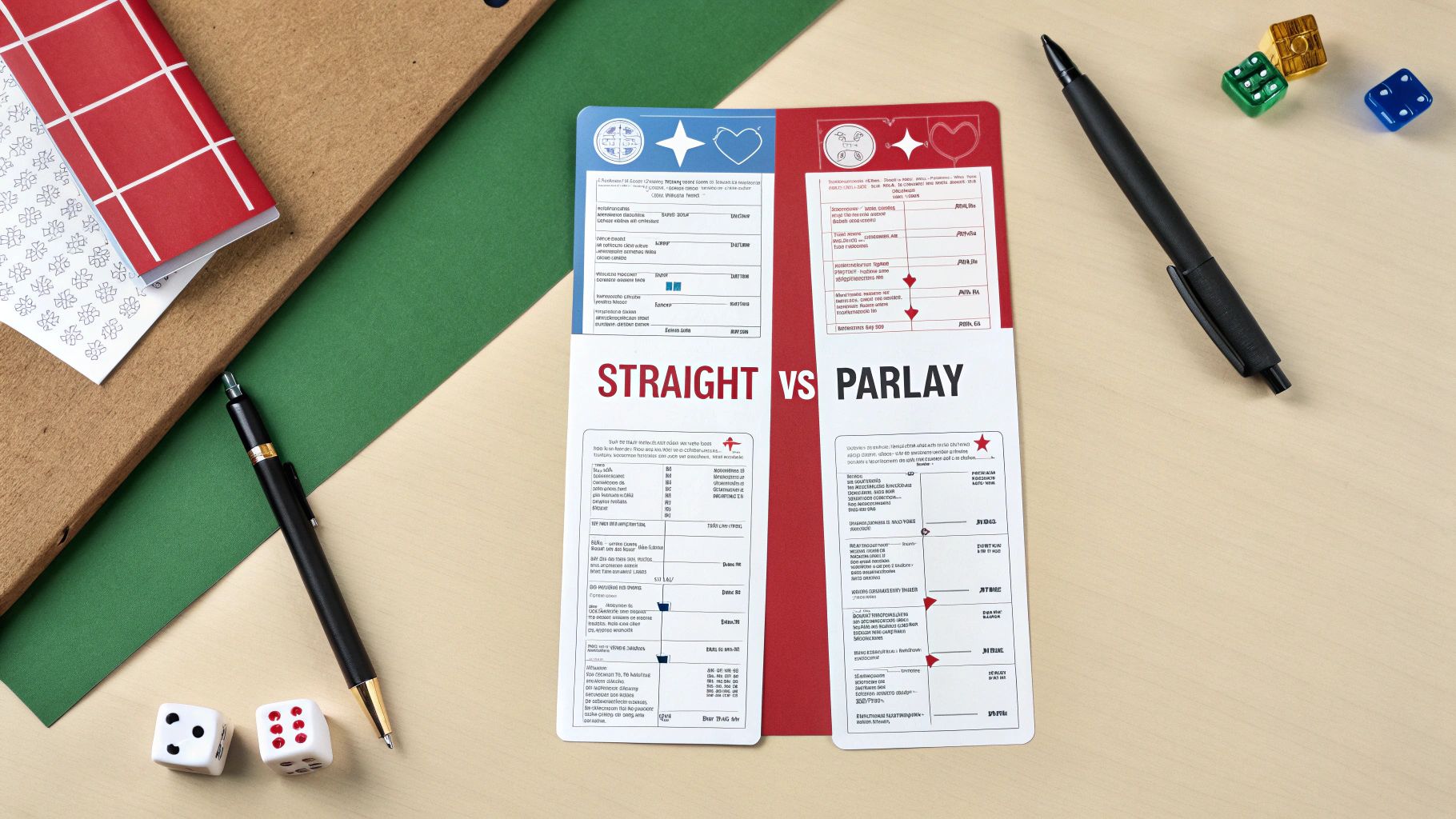 A 'Straight vs Parlay' sports betting ticket, pens, and dice on a desk, illustrating betting options.