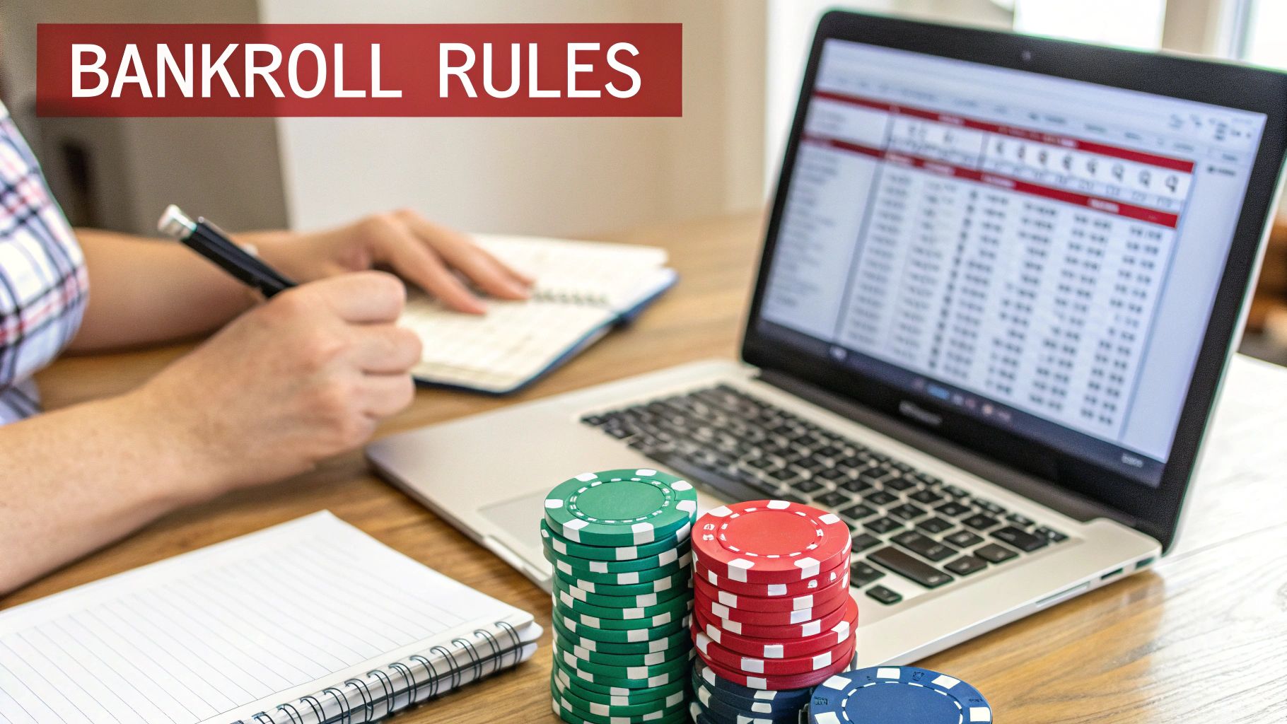 A person's hands writing notes next to a laptop displaying data, with poker chips and 'BANKROLL RULES' text.