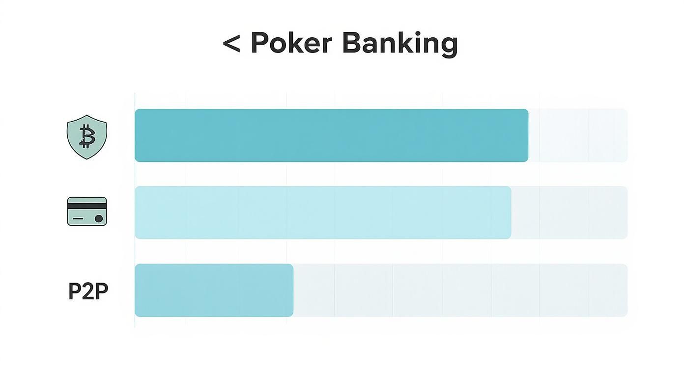 Bar chart comparing poker banking methods: Bitcoin, credit card, and P2P options.