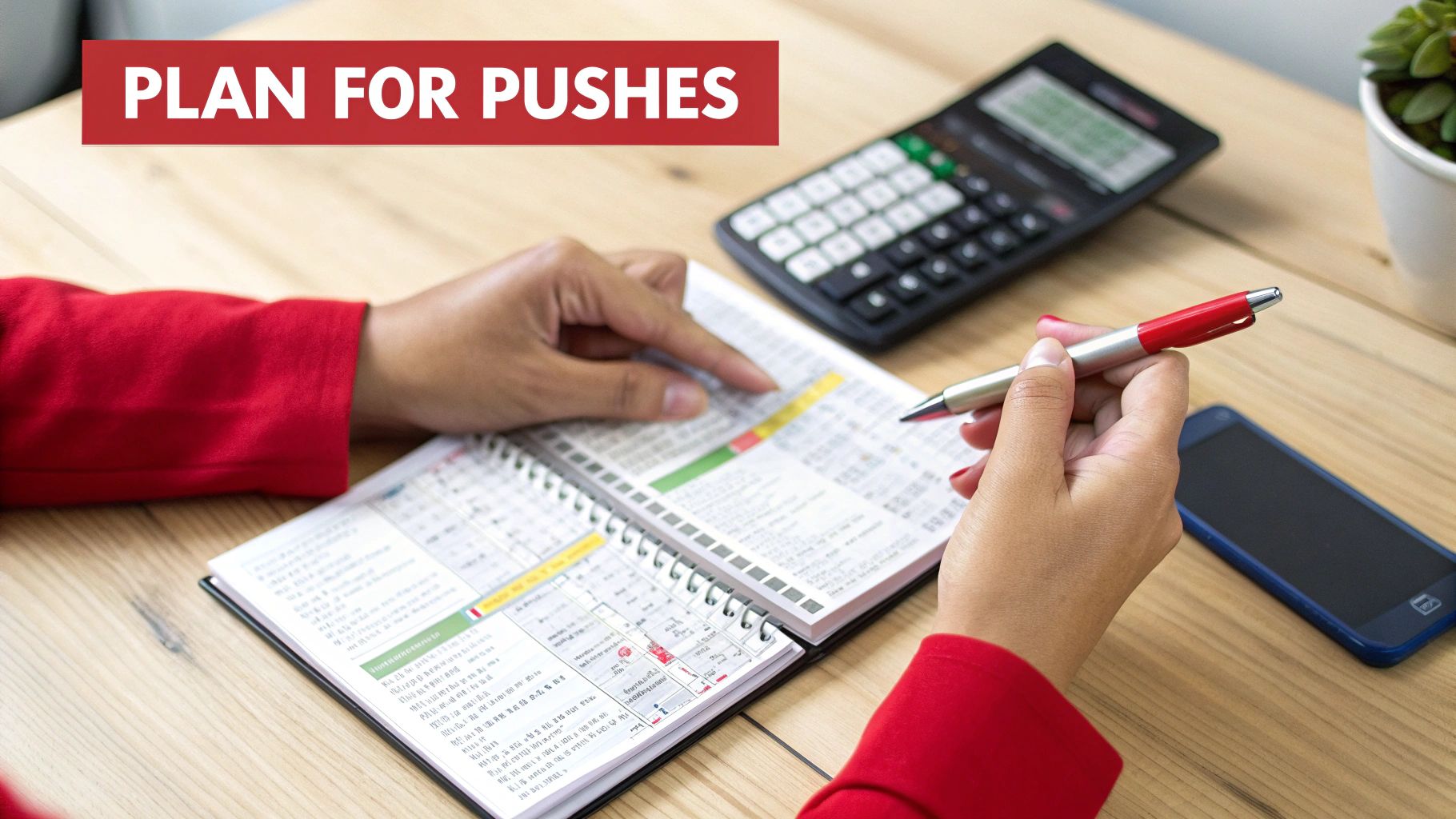 A person's hands point at an open planner while holding a pen, with a calculator and smartphone nearby.