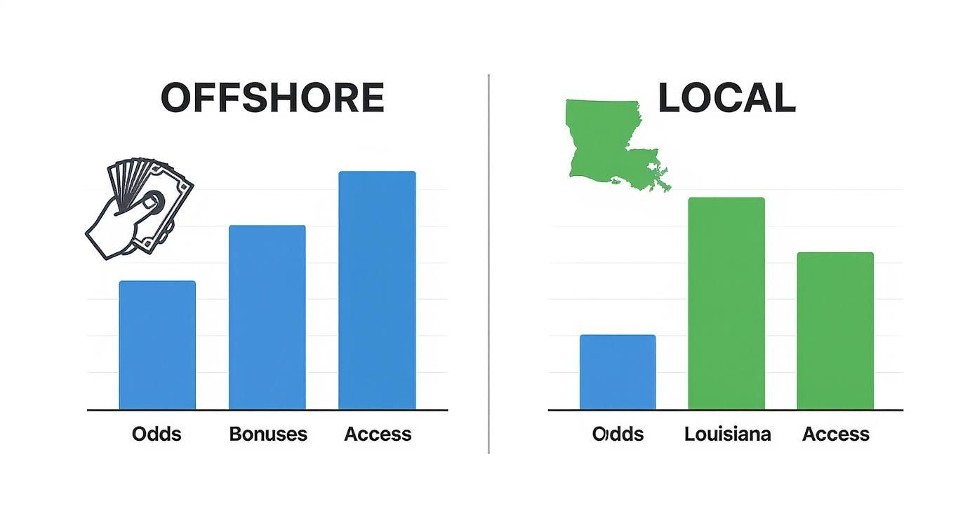 Bar chart comparing offshore versus local Louisiana sports betting odds, bonuses, and access options