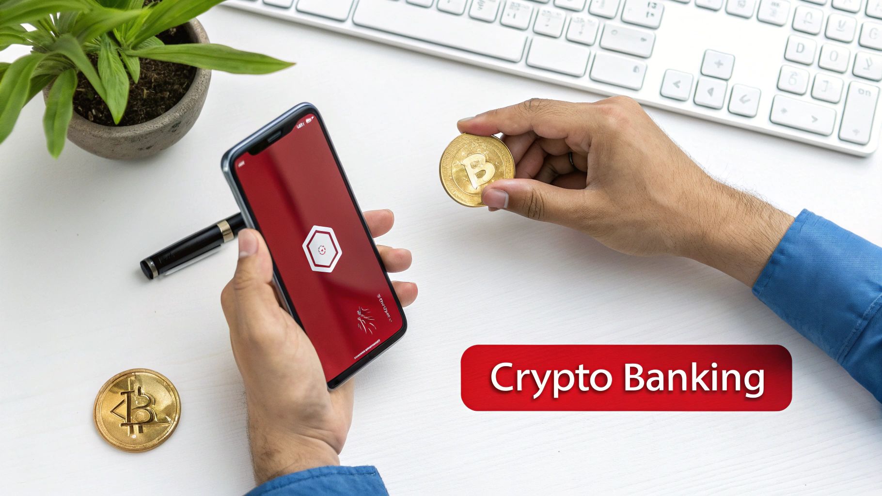 A person holding a smartphone and a Bitcoin coin, representing crypto banking.