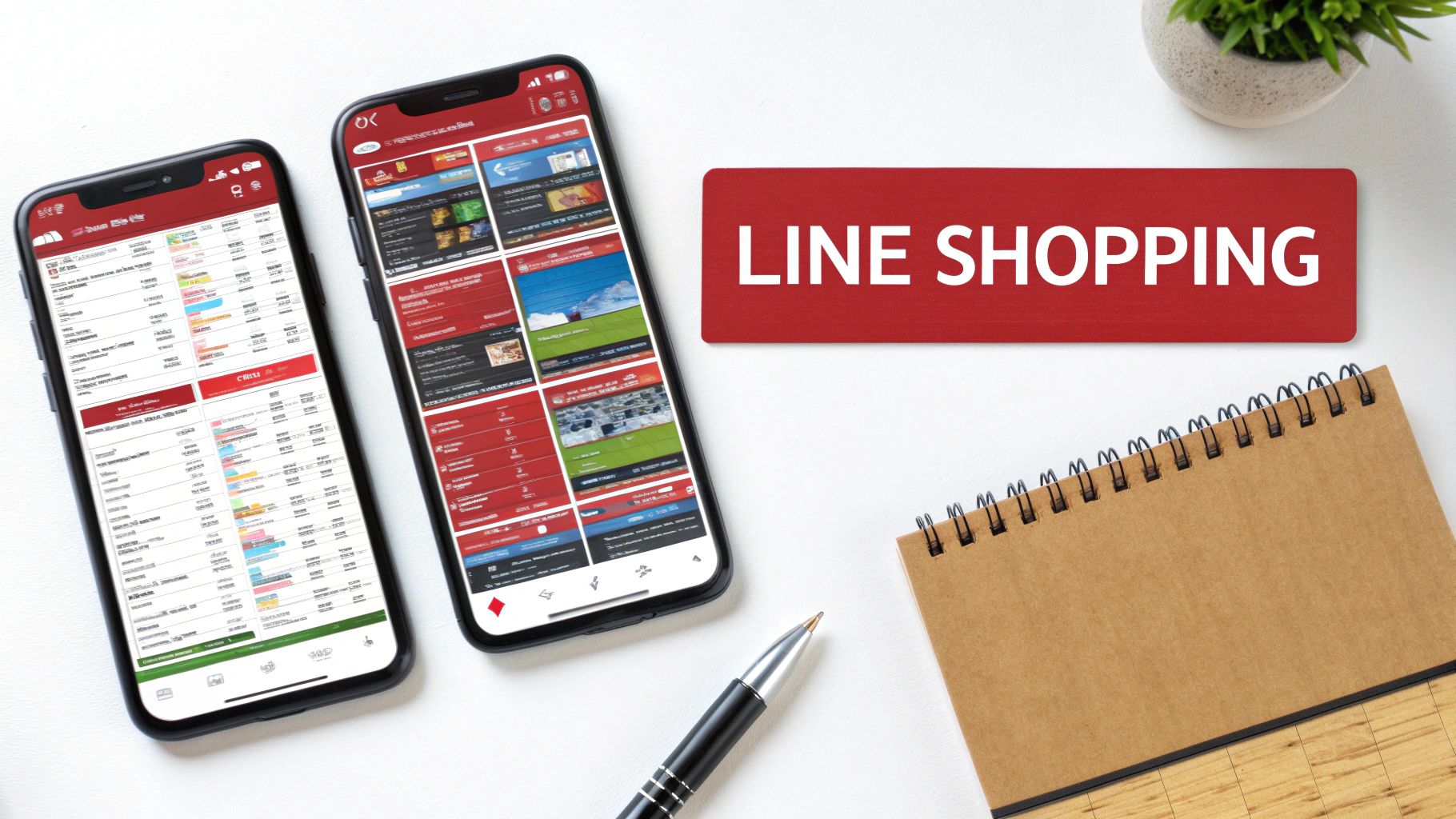 Two smartphones displaying shopping apps, a red 'LINE SHOPPING' banner, a pen, and a notebook on a white desk.