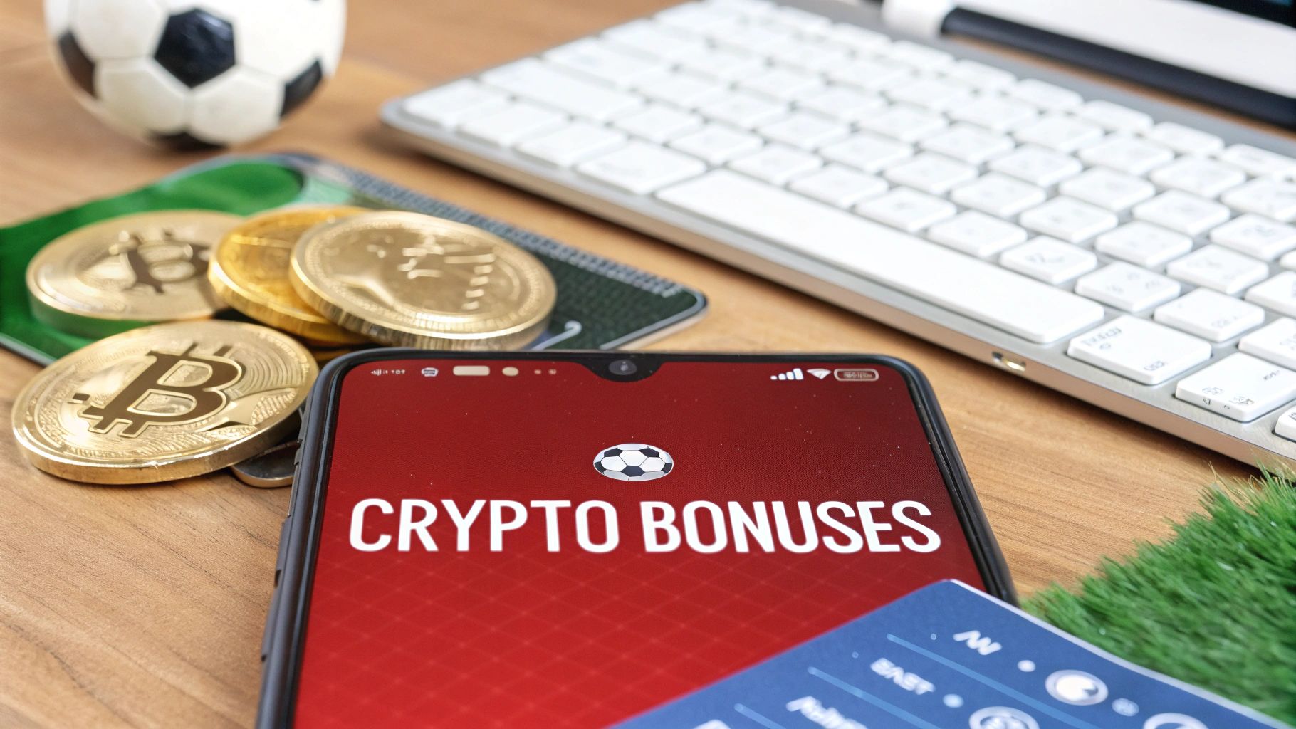 A smartphone screen shows 'CRYPTO BONUSES' with a football icon, beside Bitcoin coins and a soccer ball.