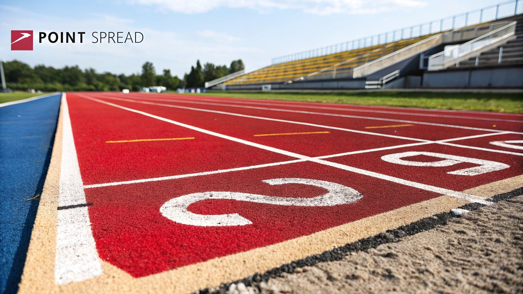 A football player running on the field with a blurred stadium background, representing the action of sports betting.