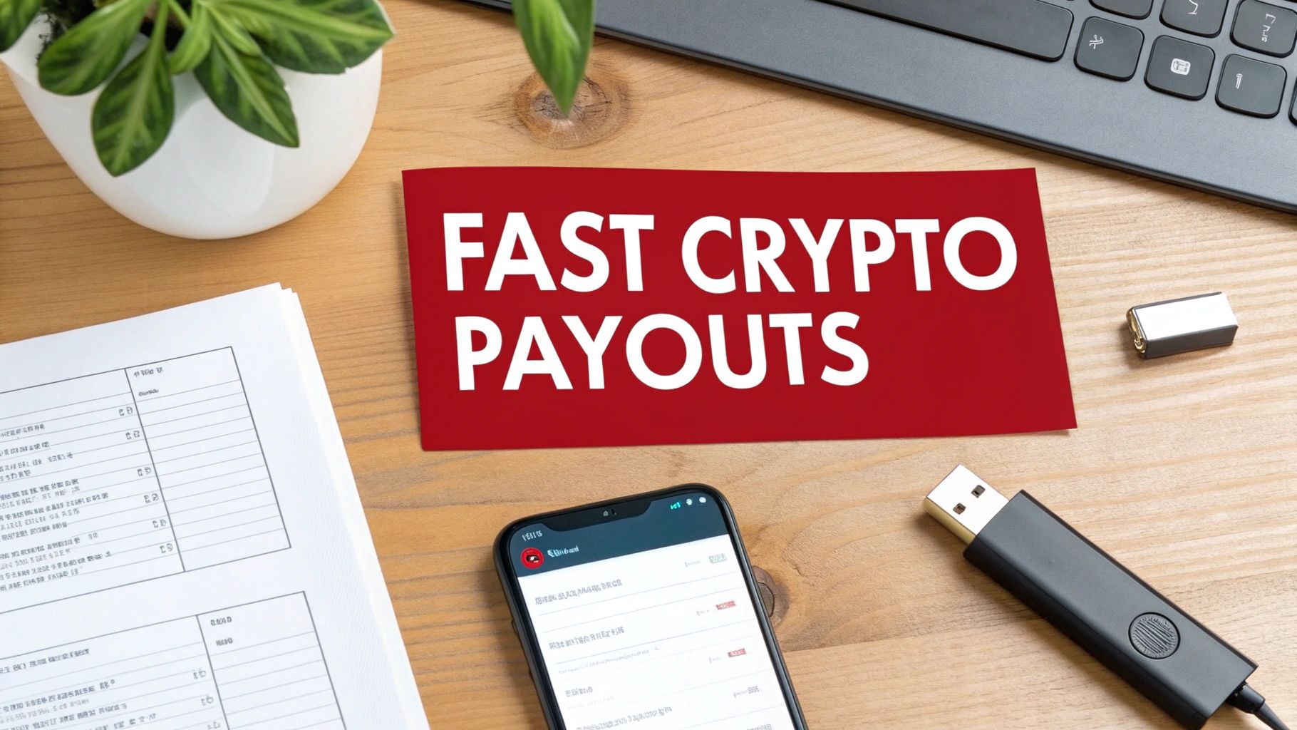 A red card with 'FAST CRYPTO PAYOUTS' text on a wooden desk, surrounded by office items.