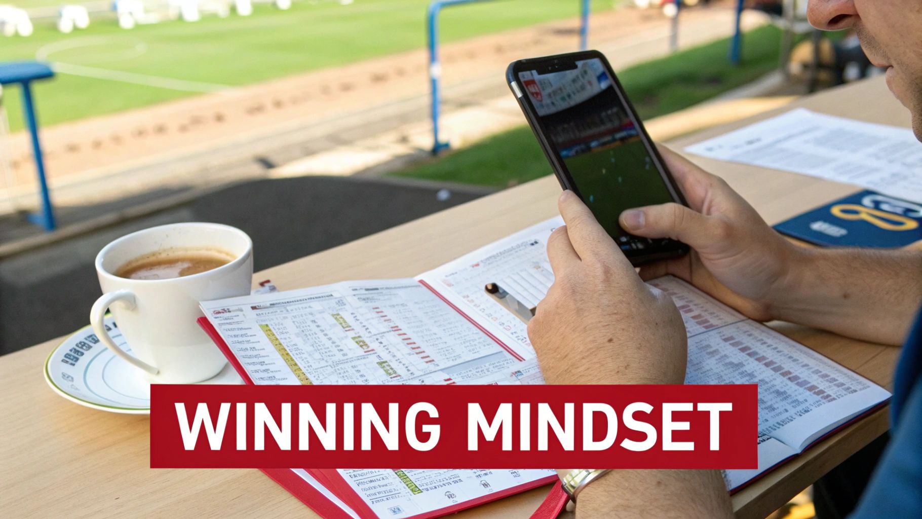 Man at soccer stadium analyzing game on phone and paper with coffee on table.