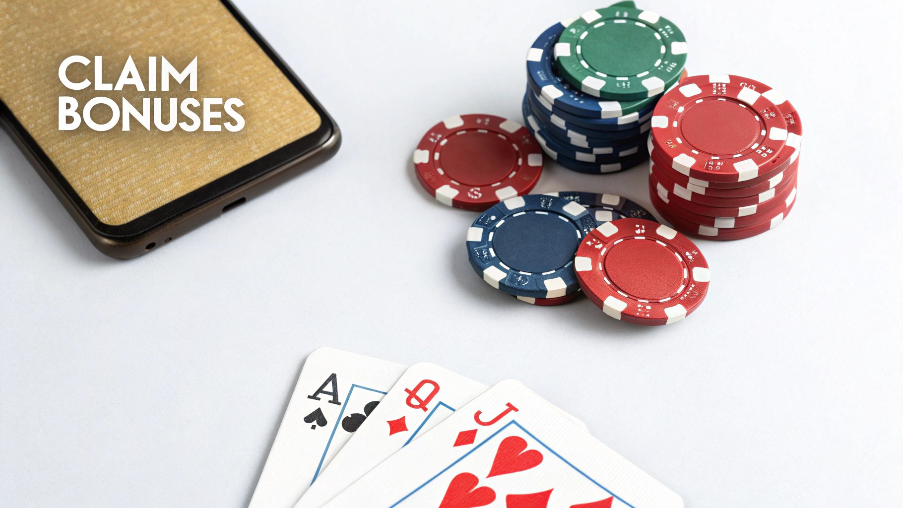 Online casino poker chips, playing cards and smartphone displaying claim bonuses promotion