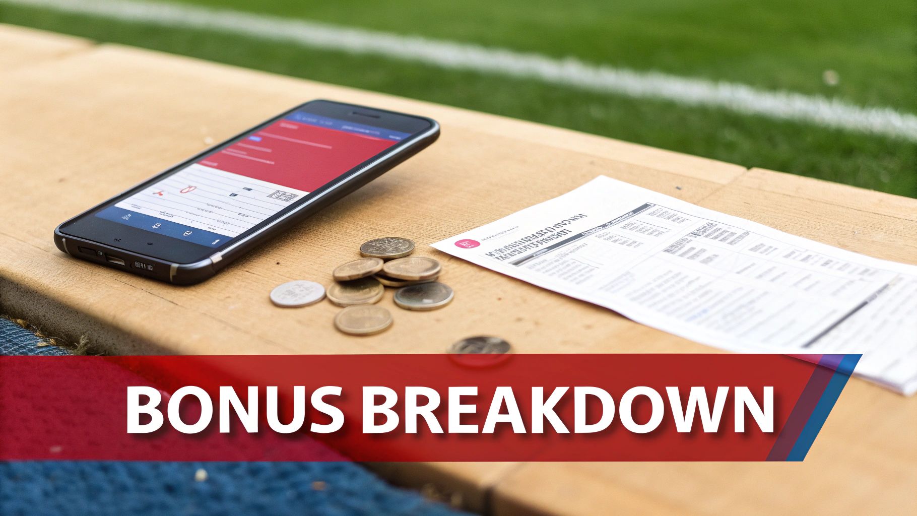 A smartphone, scattered coins, and a printed document on a wooden bench, with 'BONUS BREAKDOWN' text.