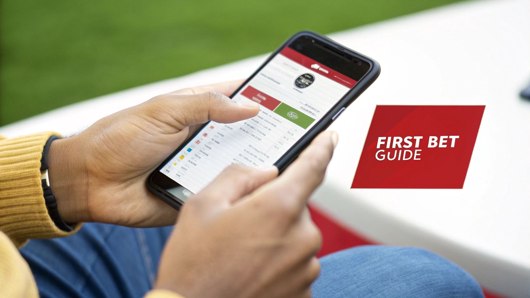 Person's hands holding a smartphone displaying a sports betting app with a 'First Bet Guide' overlay.