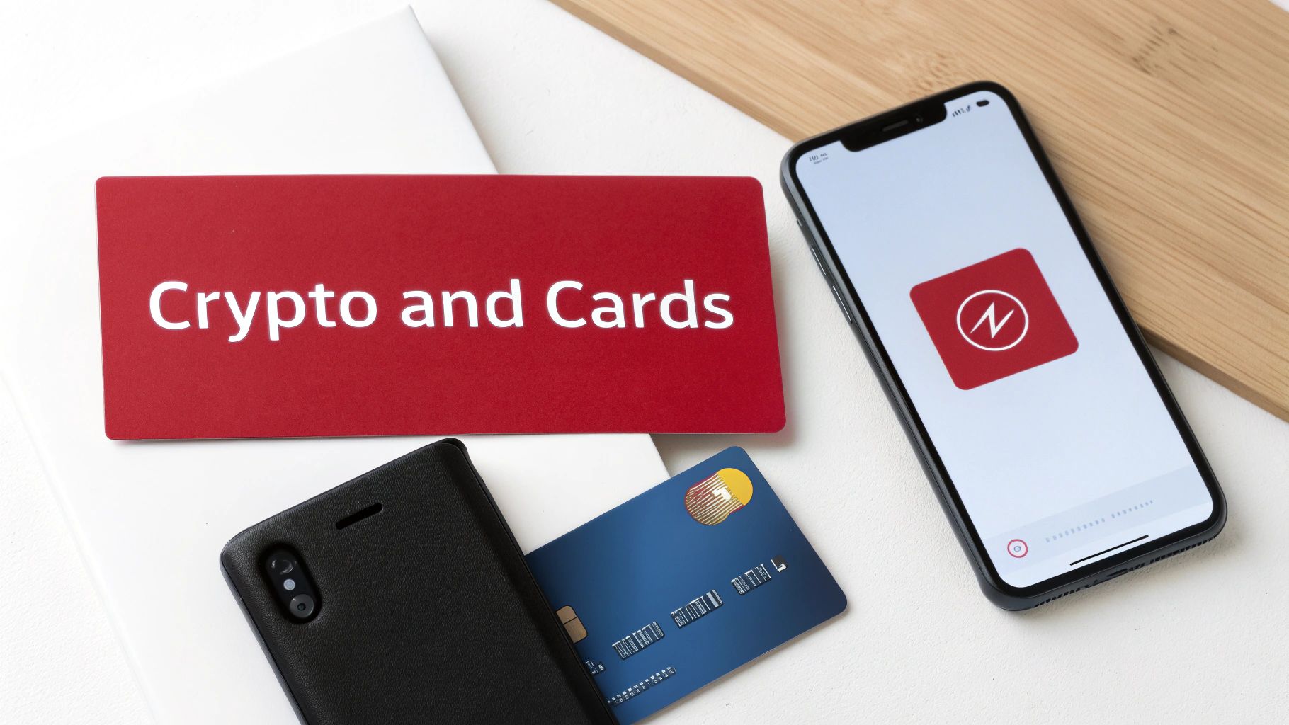 Georgia Sports Betting: Your Expert Guide to Safe, Legal Bets 3 A red sign reads 'Crypto and Cards' next to a smartphone displaying a crypto app and a blue payment card.