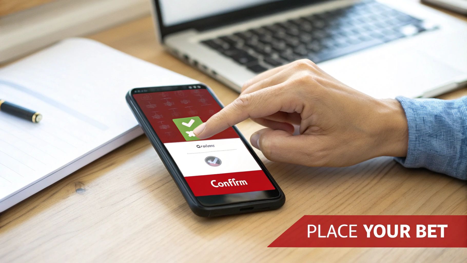 What Is The Money Line In Betting Explained 4 A person's hand taps a smartphone screen to confirm a bet on a mobile betting app.