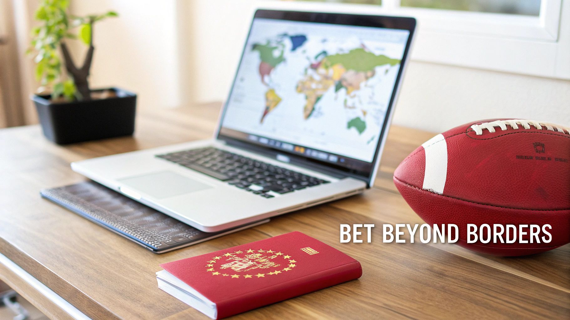 A laptop displaying a world map, a red passport, and an American football on a wooden desk.