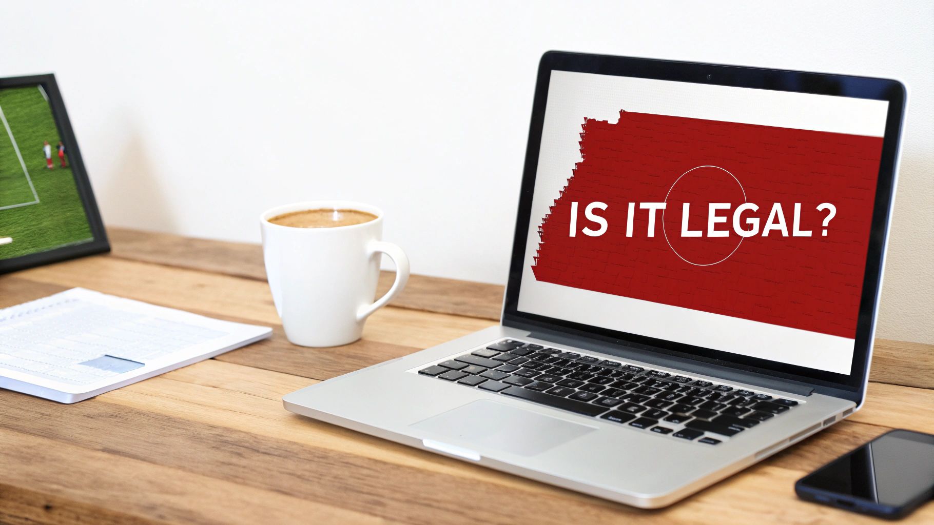 A person using a smartphone to check sports betting odds, with a sports stadium in the background.